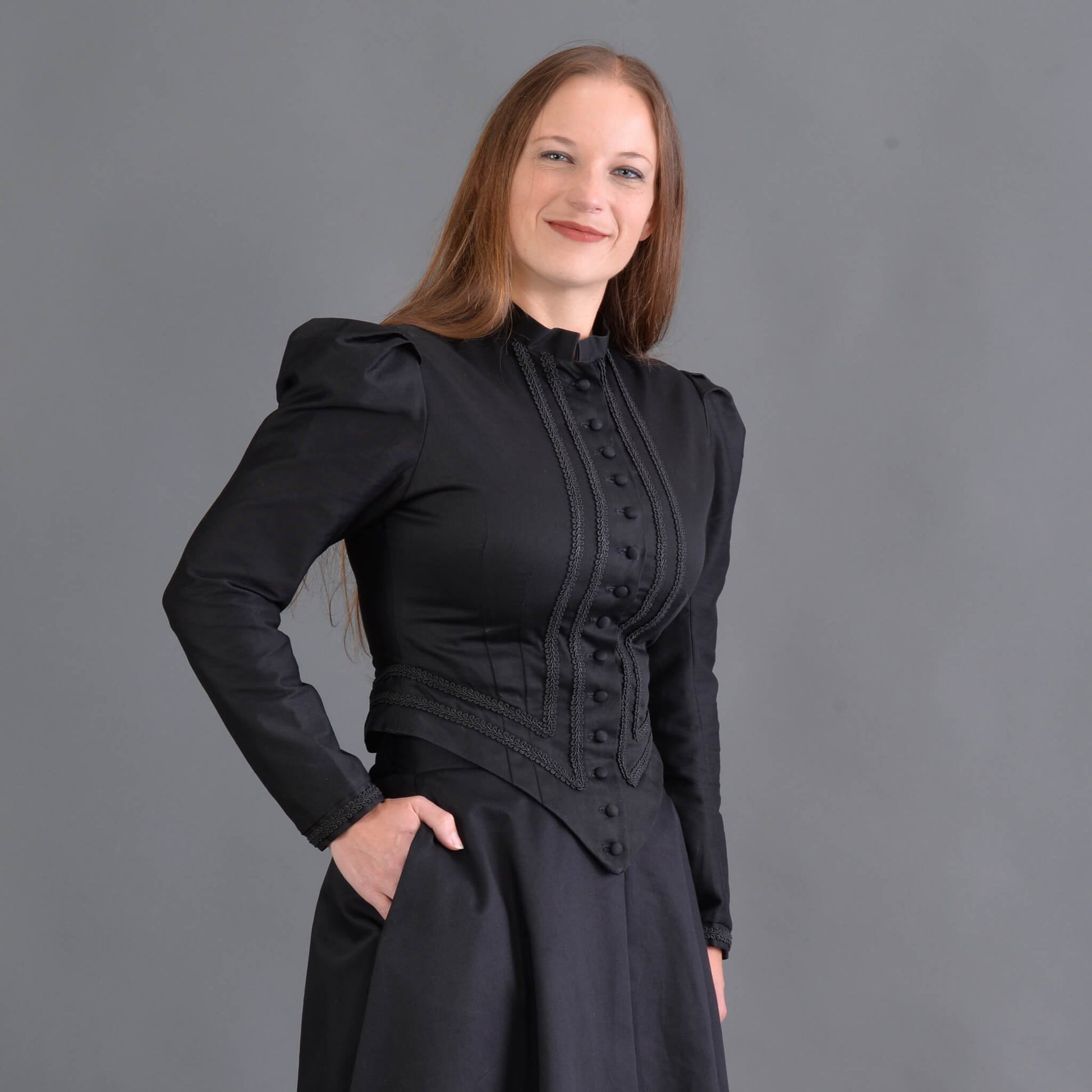 Designed for the horsewoman, this classically tailored Riding Jacket looks handsome with or without the horse. The jacket is very fitted with soutache trim and fabric covered buttons. This jacket and our riding skirt together makes a wonderful combination of tailored fit and comfort so if you ride a horse or just want to look like you do, this is the outfit. 