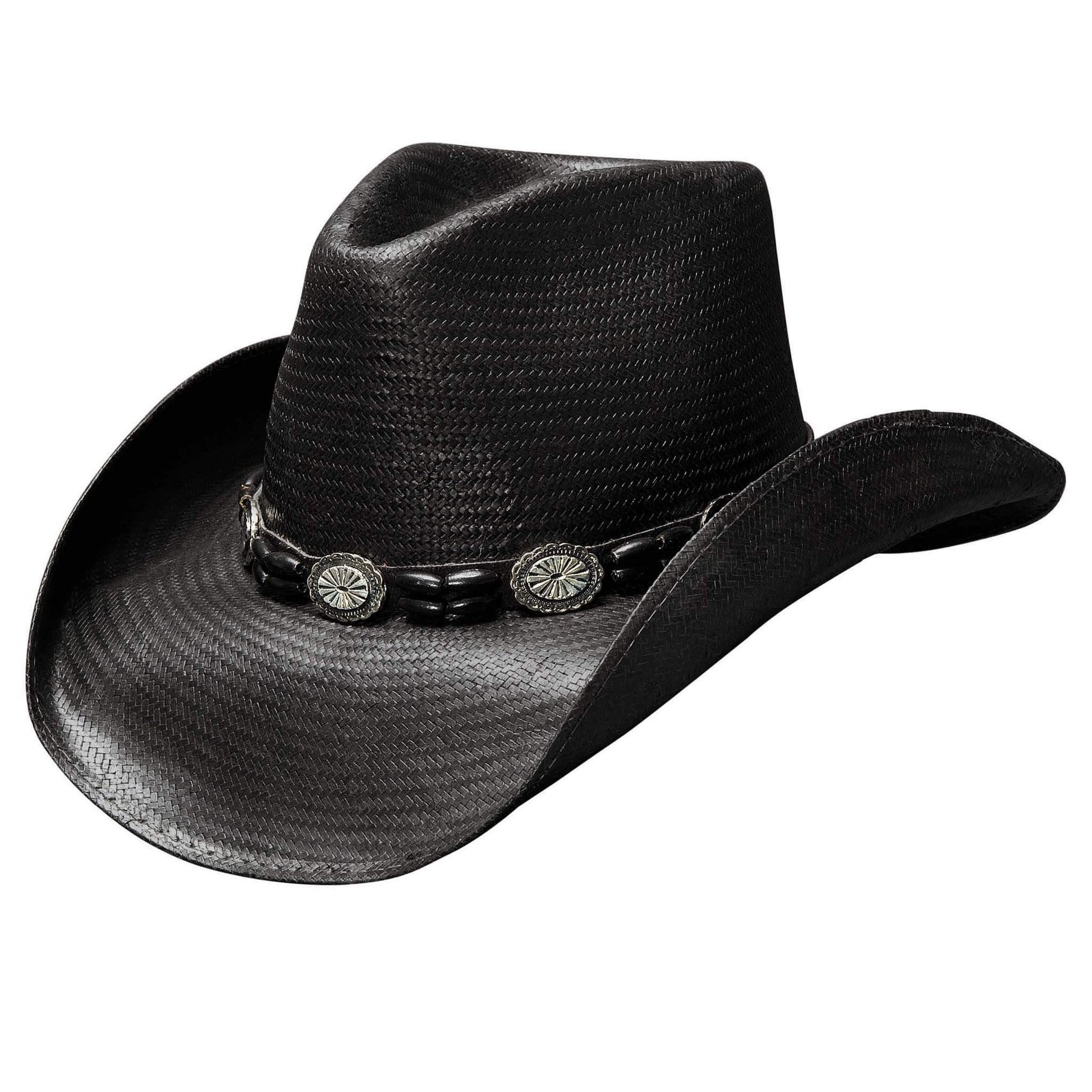 The Black Hills is a western hat adorned with metalwork Conchos and beads and designed for the stylish cowgirl. It has a great traditional look with 4-¼” pinch front crown and 3-¾” brim.