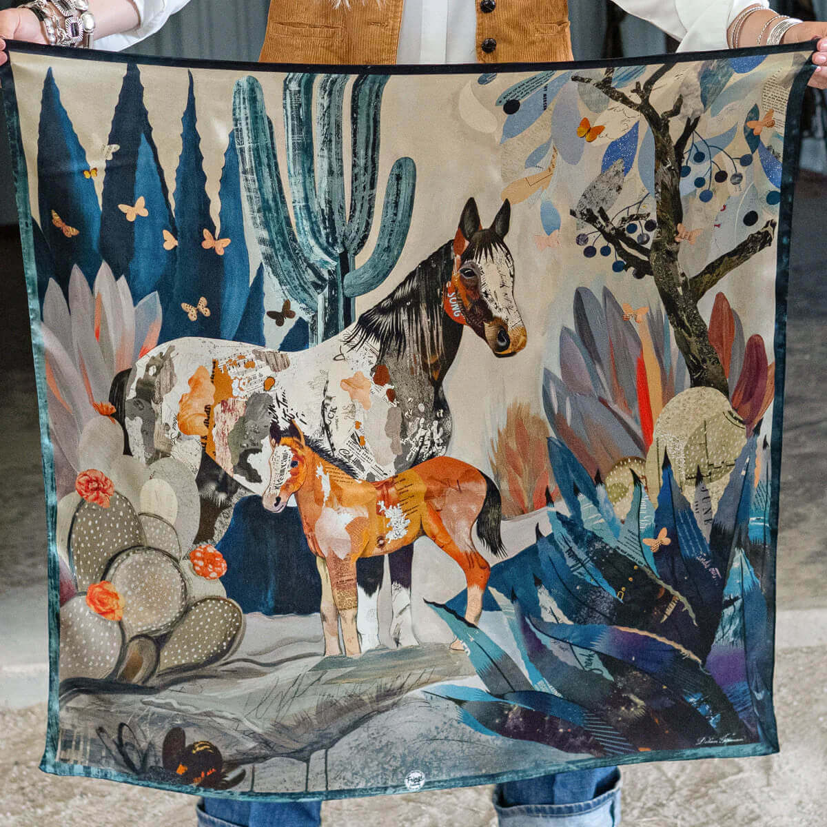 Blue Melodies Horse Design Western Silk Scarf featuring vibrant horses and a desert landscape.