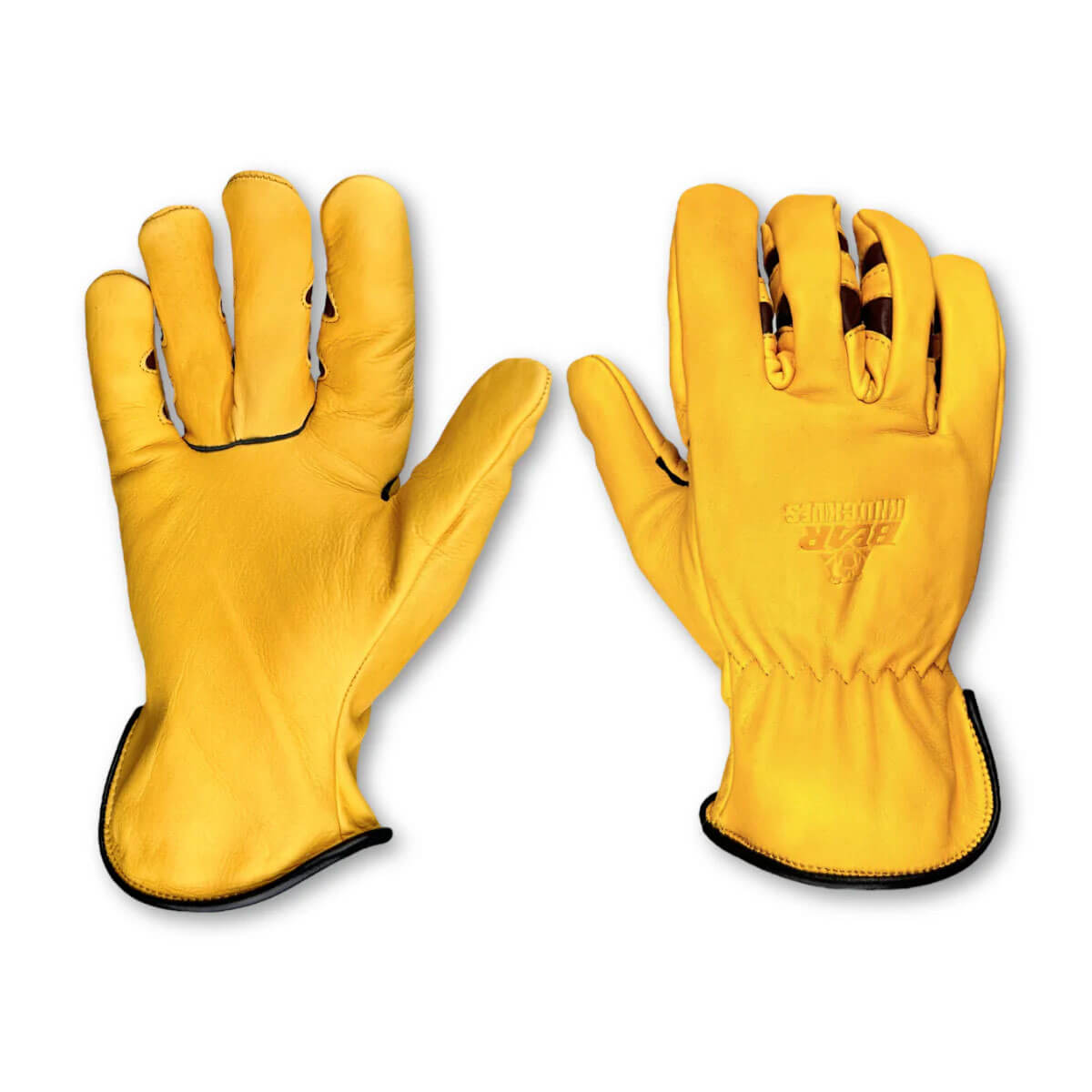 Pair of yellow gloves with black accents on a white background