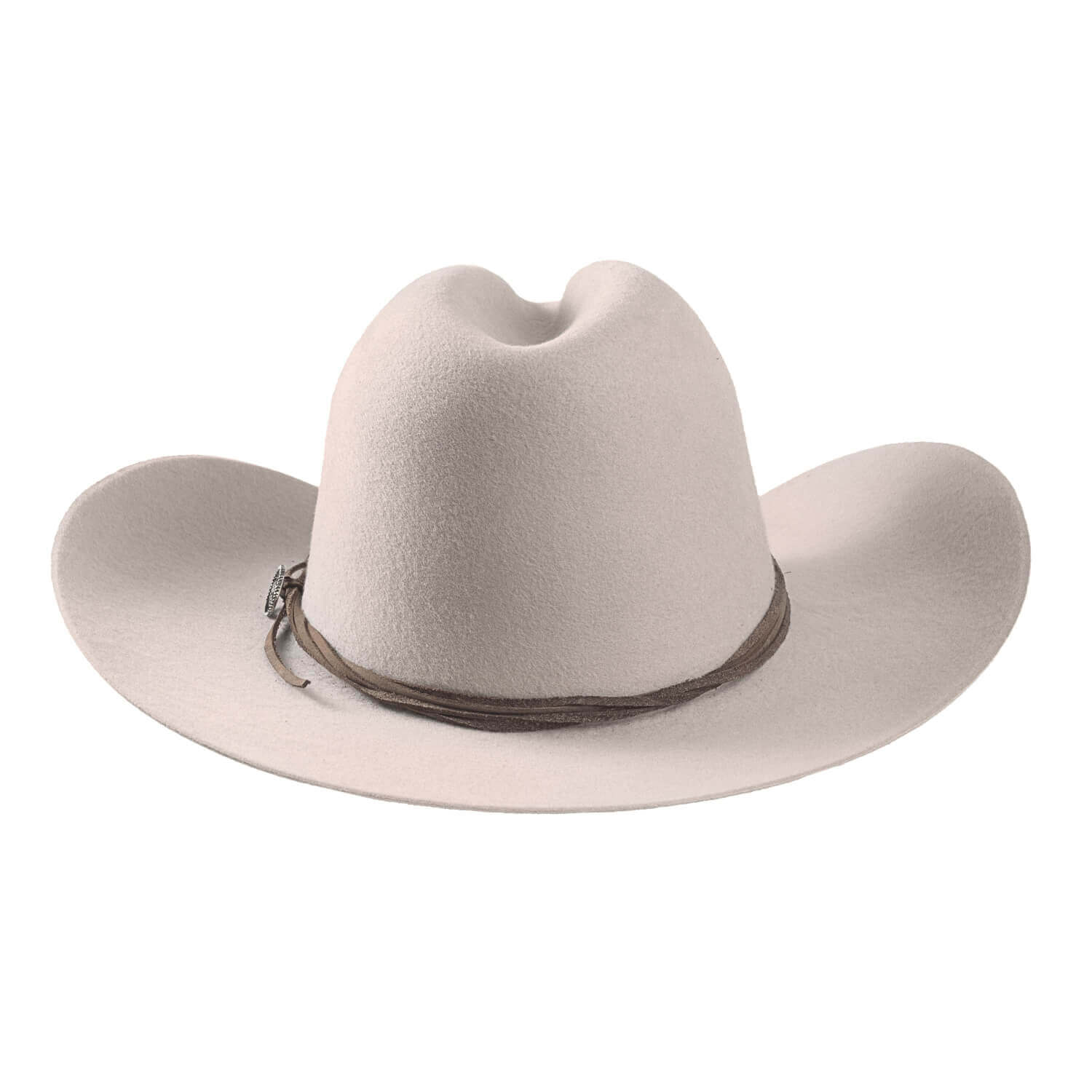 White cowboy hat with a brown band on a white background
