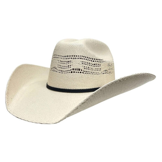 Beige cowboy hat with a wide brim on a white background