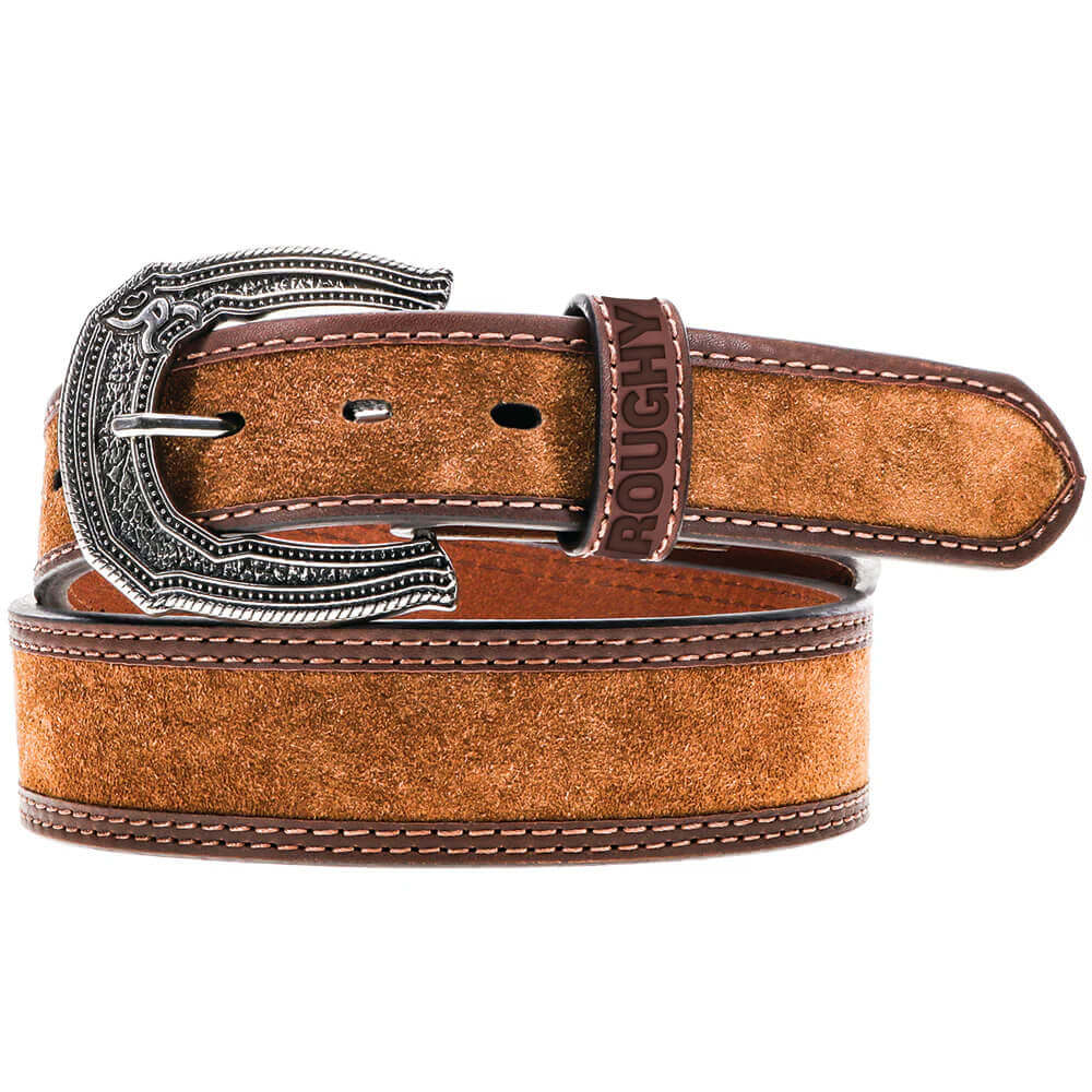 Bozeman Tan Roughout Men's Leather Western Belt with decorative buckle and rugged texture.