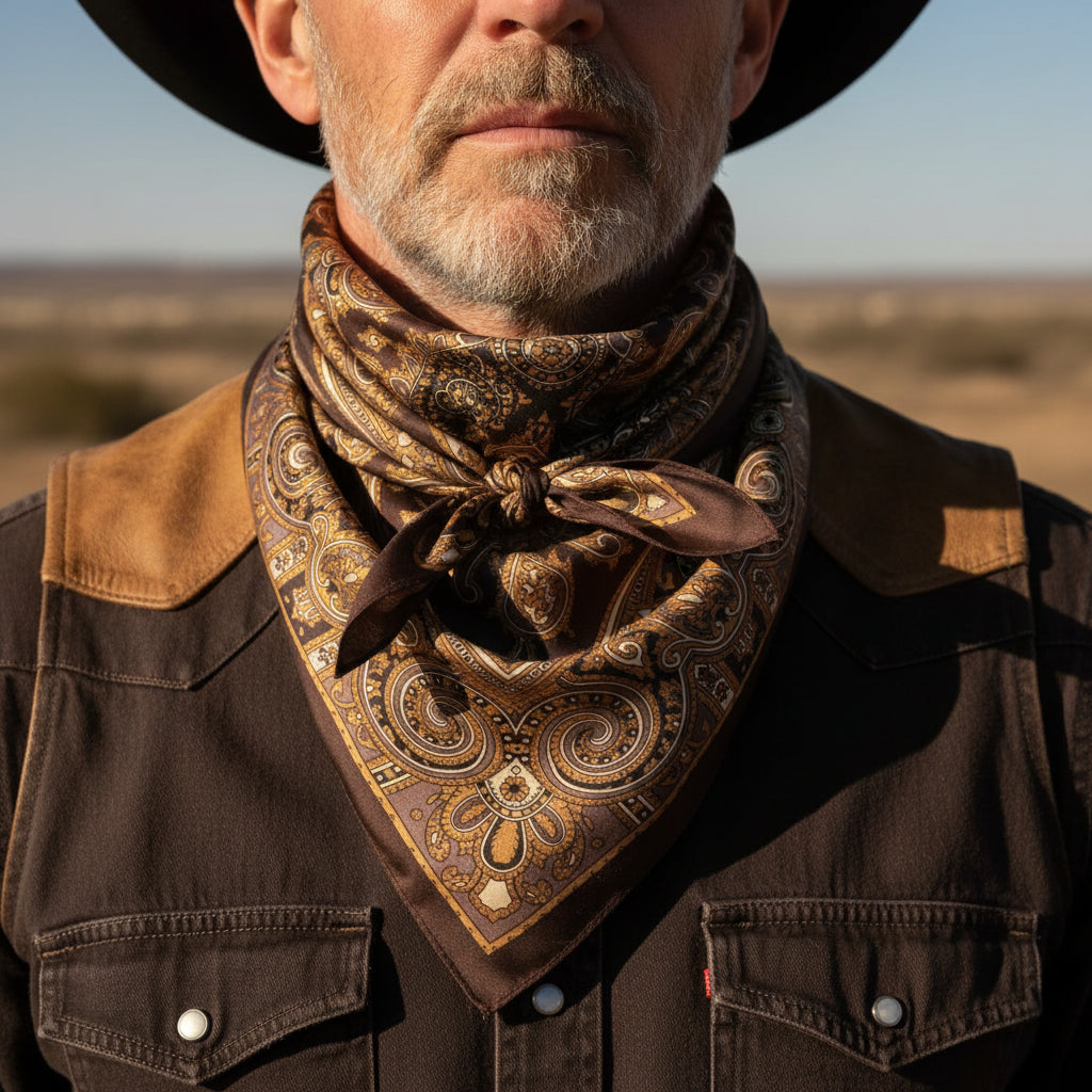 Brown paisley western silk wild rag on a man with western vest