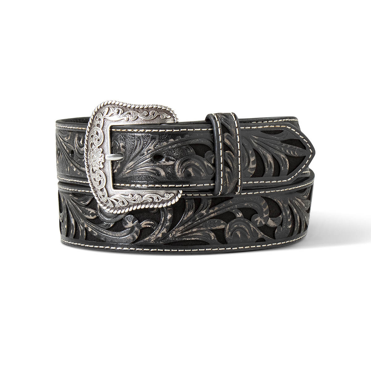 <span data-mce-fragment="1">This ladies Ariat belt is so stylish and has lots of character. The strap is genuine leather with a floral embossed overlay and black roughout underlay. Topped off with an antique silver buckle for a great look.</span>&nbsp;