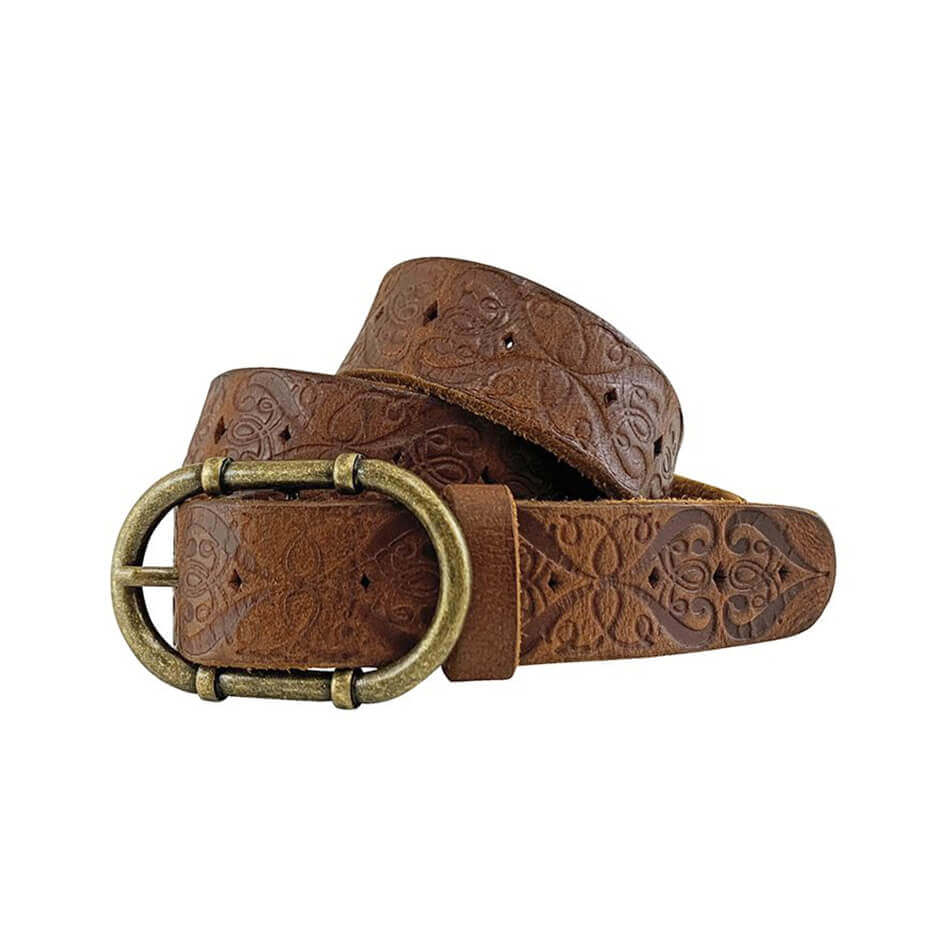 Brown leather belt with embossed design and brass buckle on a white background
