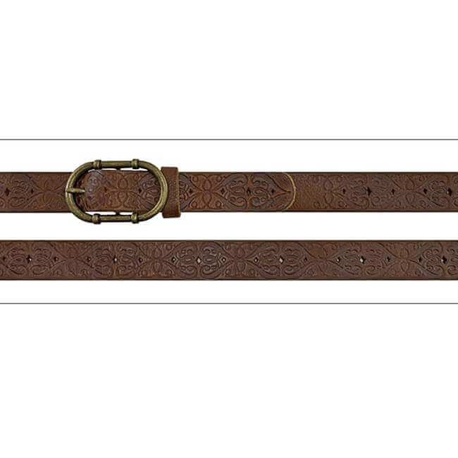 Brown leather belt with intricate patterns and a gold buckle on a white background