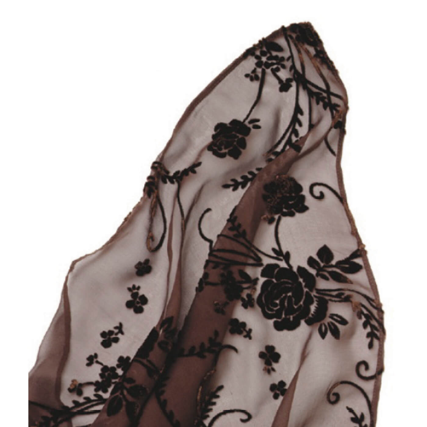 Silk velvet cut to a bouquet of flowers design allows for a sheer elegance. Wear softly around the neck or toss over the shoulders. You'll feel and look like a Queen when you wear this scarf so sheen. Approximately 40" square. Velvet floral pattern may vary from pictured.