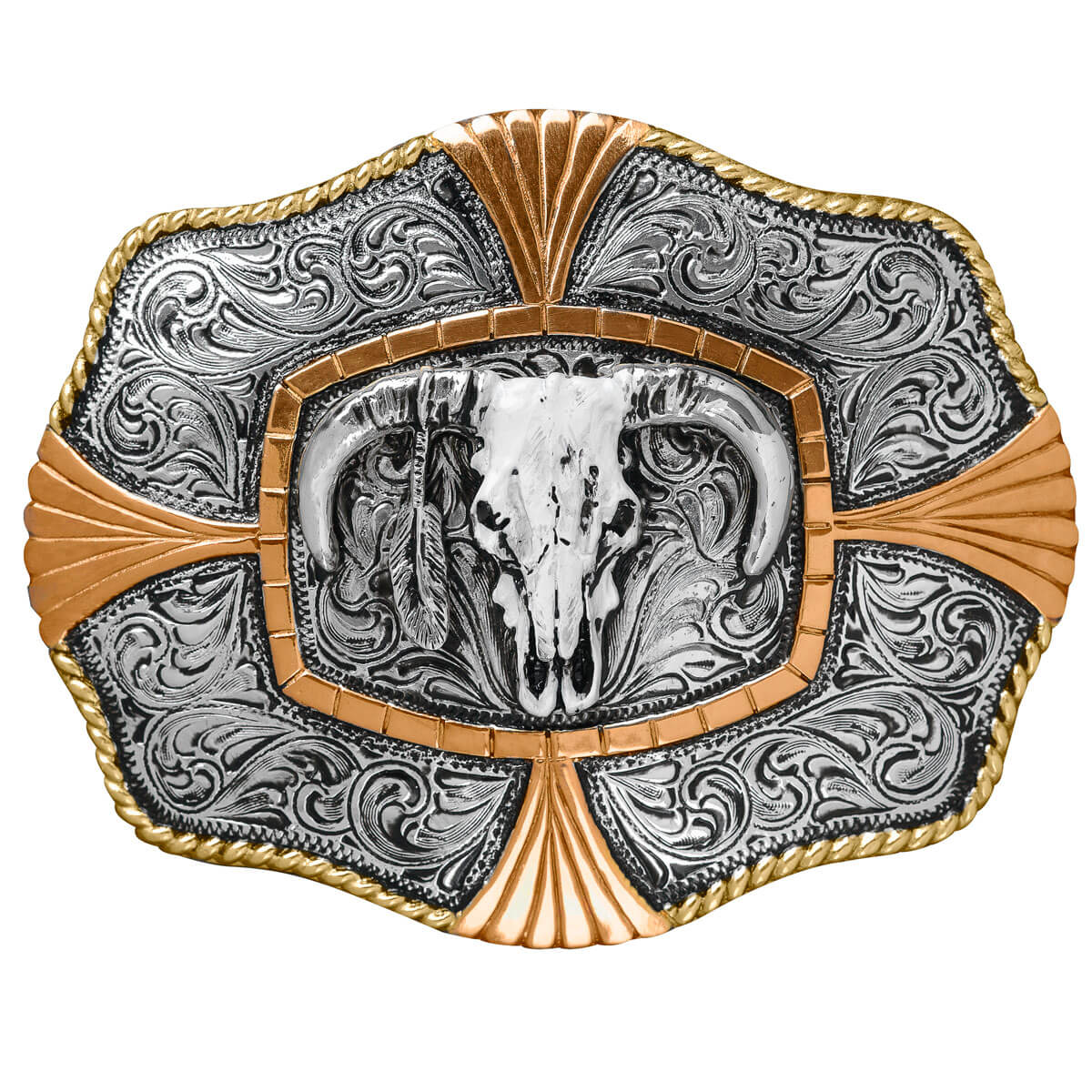 A detailed bull skull with intricate scrolling will make you love this buckle. Rope edging perfectly complements this buckle. Tuff Guard coating guarantees the finish and craftsmanship. Add a distinctive accent to your favorite belt. Measures 3-¾” x 4-¼”.&nbsp; 