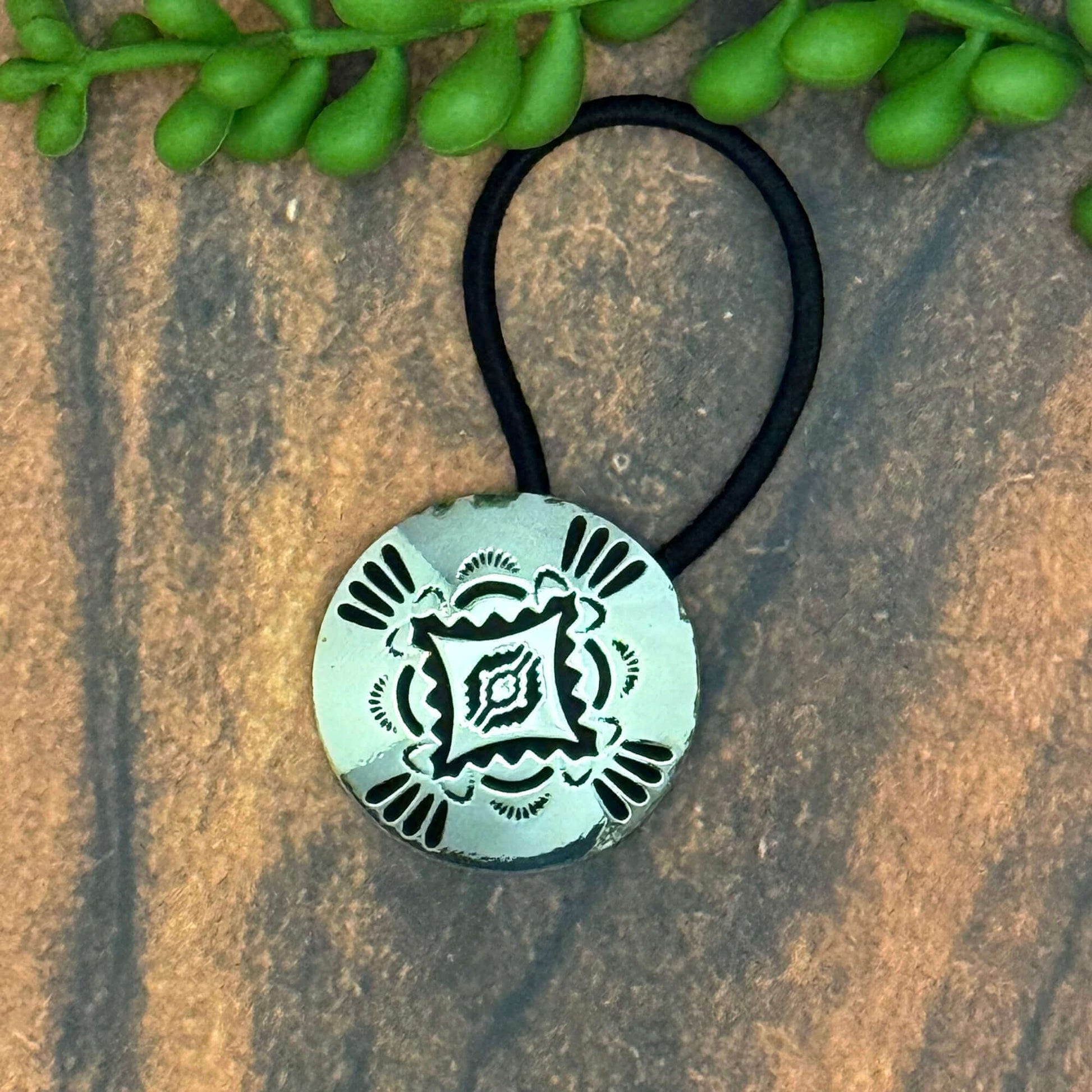 Vintage German silver-plated concho ponytail holder on elastic hair band, stylish hair accessory.