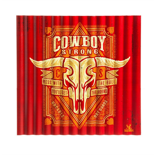 Bold and strong cowboy art made out of corrugated metal. Great for a barn, ranch, home or garage. The bright red sign reads Cowboy Strong with a skull. Measures about 15" x 15"