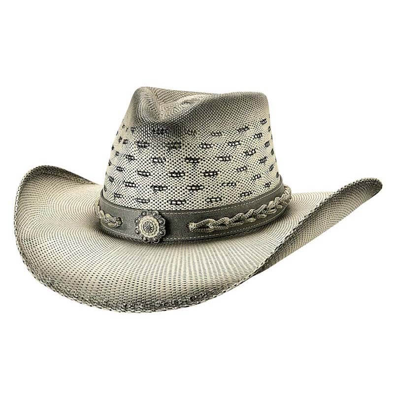 Perfect for dressing up and going out. This hat features Natural and Black Bangora straw material, a pinch front crown, and a leather like hatband with a flower Concho centered around braided sides