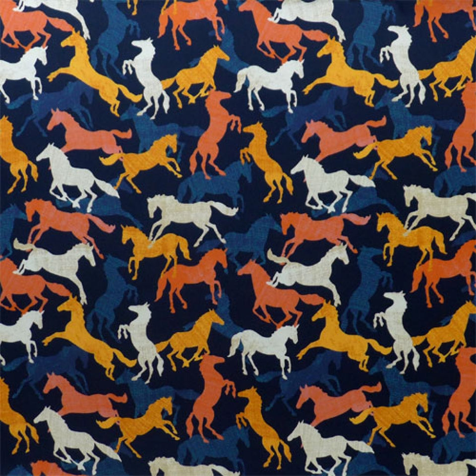 Make a western fashion statement with this horse themed scarf. A gorgeous, soft silk scarf featuring a horse print in rust, blue and ivory on a black background. Too cute to pass up! Hand wash cold. 100% Silk. Measures 36"x36"