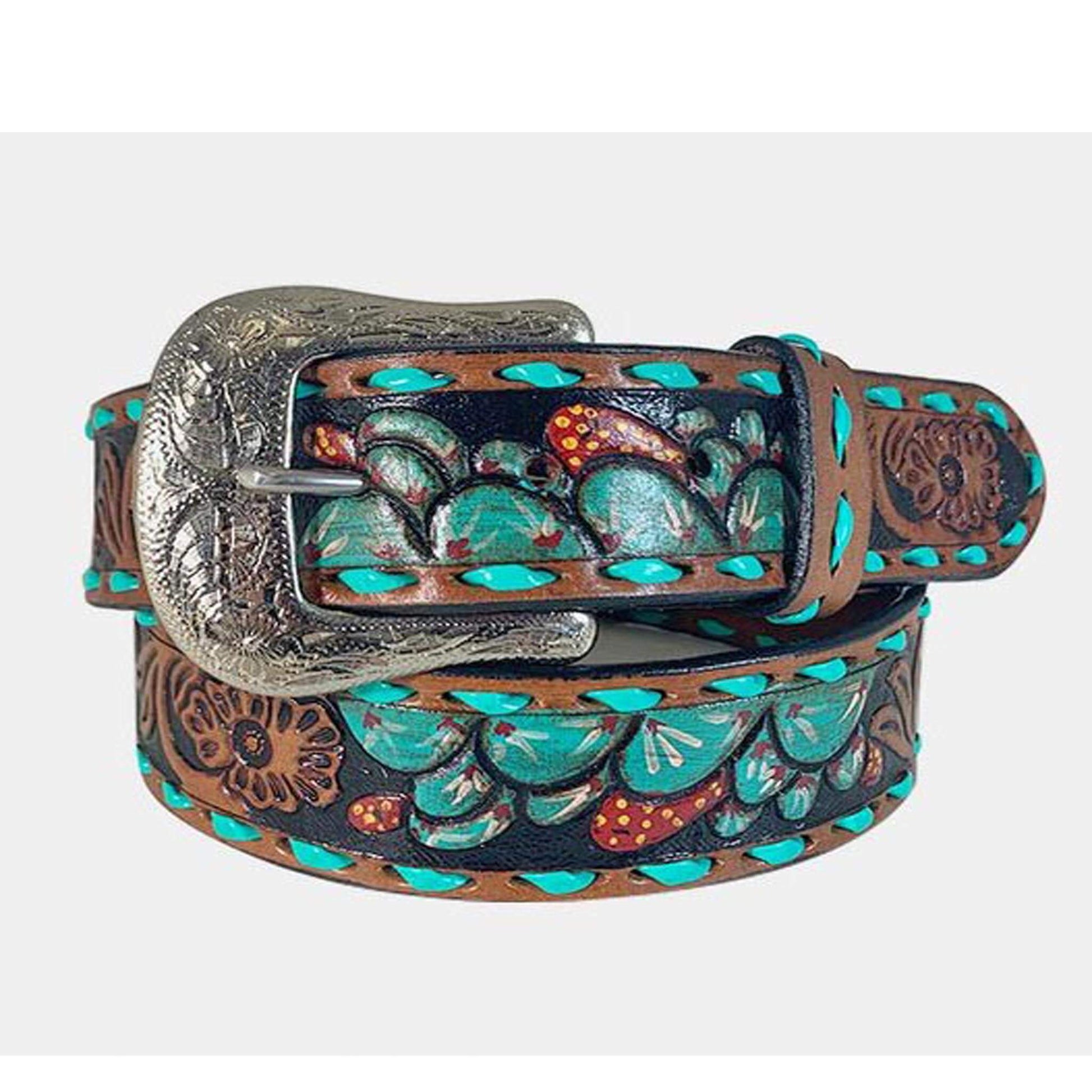 Genuine Leather belt with floral hand tooling alternating with hand painted cactus design, turquoise laced edges, and removable buckle in silver finish. Measures 1-1/2" wide.