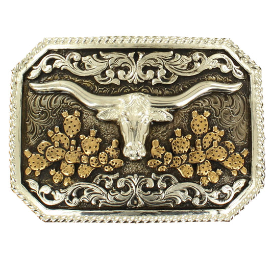 A stylish antique-silver western buckle with a rope edge that features a longhorn motif surrounded by silver filigree and gold cactus. Tuff Guard coating guarantees the finish and craftsmanship. Add a distinctive accent to your favorite belt. 3"X4"