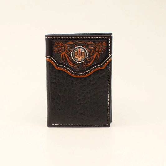 <span>This great Nocona wallet </span>is made of genuine leather and features brown floral embossing overlay accented with silver/copper round cactus Concho and brown underlay. Inside features a clear ID slot, credit card slots, removable photo slip, and cash pocket. You will be proud to carry this quality wallet every day.