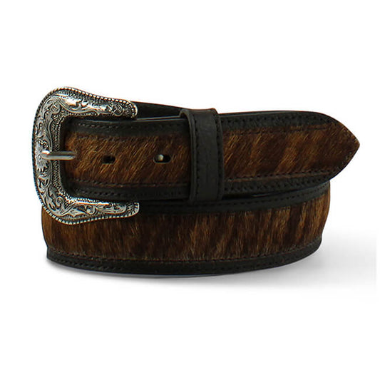 The Calf Hair Ladies Western Leather Belt is a stunning fusion of Western charm and contemporary refinement. Crafted from premium-quality beautiful leather belt with calf hair center with sleek black trim. Removable silver buckle. Measures 1-1/2" wide.