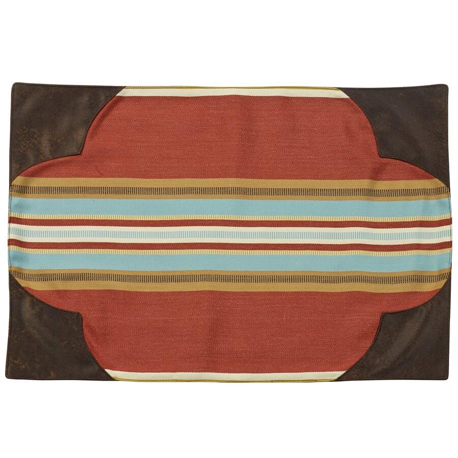 Designed for the Calhoun collection, bold red serape-inspired stripes feature prominently in addition to tan and turquoise striped fabric, mixed with rich faux leather and soft suede. Sold as a set of 4 placemats, consider combining with the Calhoun table runner, for a truly elegant dinner table. 