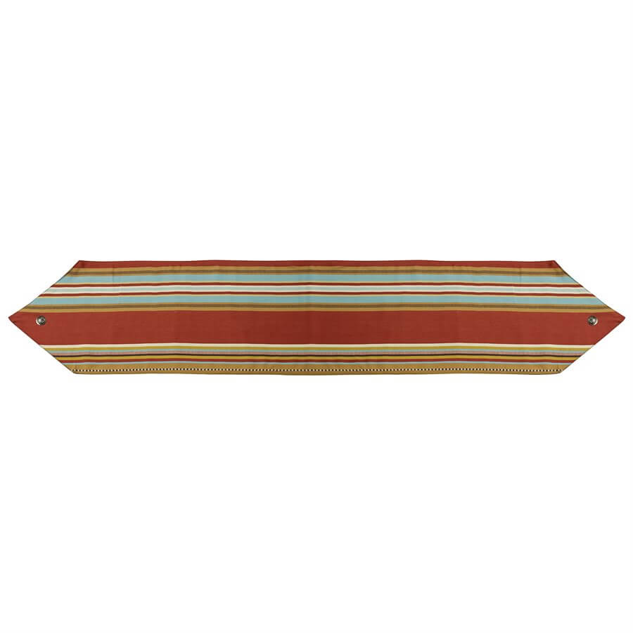 The Calhoun table runner showcases vibrant serape-inspired stripes of rich red, soft taupe, chocolate and turquoise to add color to your table. Finished at both ends to a point, silver Conchos provide the finishing touch. Consider combining with the Calhoun placemats for a truly stunning presentation. Measures 14" X 72". Dry clean recommended. Imported.