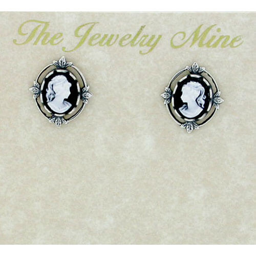 Our antique reproduction vintage style cameo jewelry gives you a real heirloom look and feel at a great price! These faux cameo earrings are set in an antiqued natural silver flower frame. The earring posts are surgical steel/hypo-allergenic. (These earrings do not drop and hug the ear lobe.) Made in USA. Measure 1/2" wide by 3/4" long.