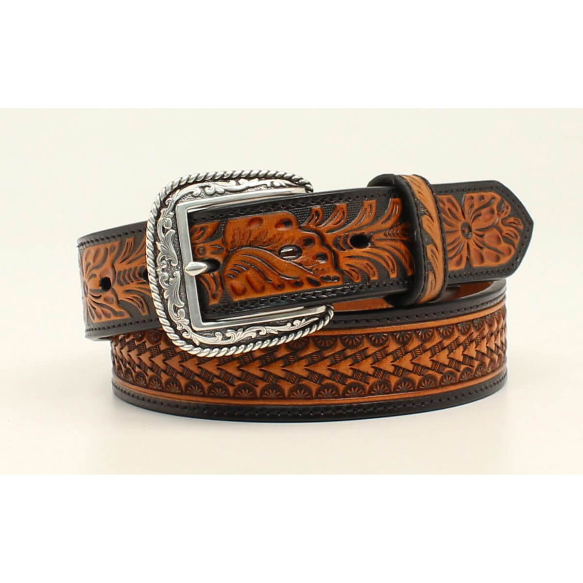 This leather Ariat belt features an eye catching embossed pattern accentuated with floral embossed tabs. &nbsp;&nbsp;Available in sizes 32-46. Imported.