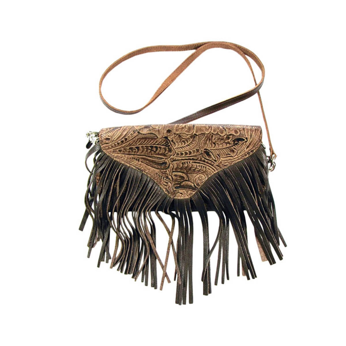 This genuine leather purse features decorative tooling and dangling fringe. The purse has a magnetic snap closure and an interior zipper pocket. The removable strap and claw hooks allow the purse to be worn as a hip bag. Purse measures 8.75 in x 5.5 in. Made in the USA.