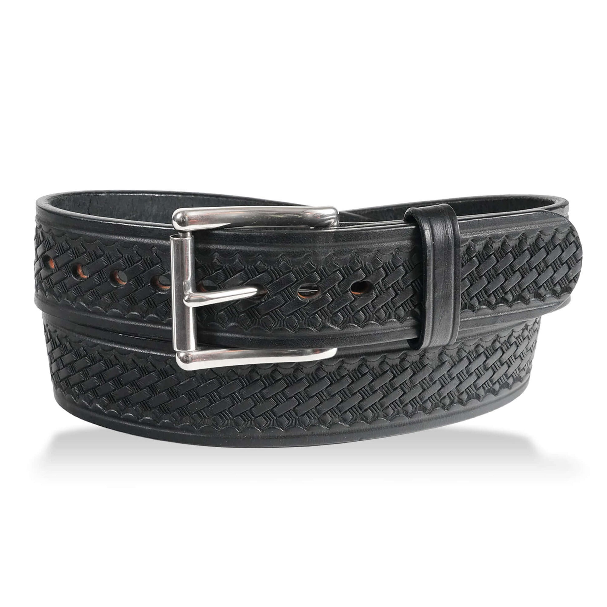 Cassidy Basketweave Heavy-Duty Wide Western Belt USA, black basketweave leather belt with silver buckle.