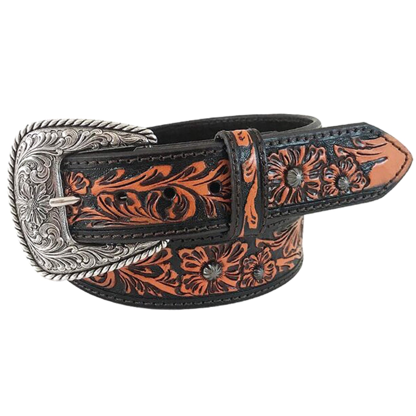 Hand tooled flowers centered with parachute nail head spots, dark textured center, buckle in silver finish. 1-1/2" wide with removable buckle.