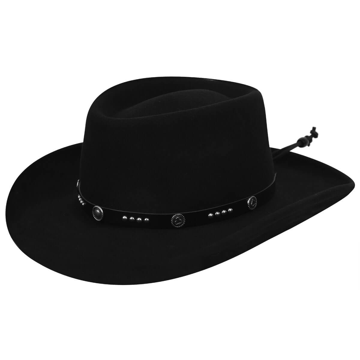 The Cassidy features a lite felt construction with telescope crown hat with a 3 1/8" brim. It has a black genuine leather band with studs and Conchos and sports a deck of cards symbol in the center.