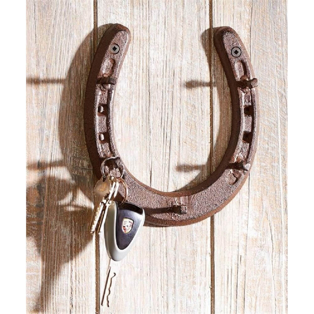 Antique Brown Cast Iron Horseshoe Design Wall Hook with five hooks for storage of keys or anything small to keep handy.