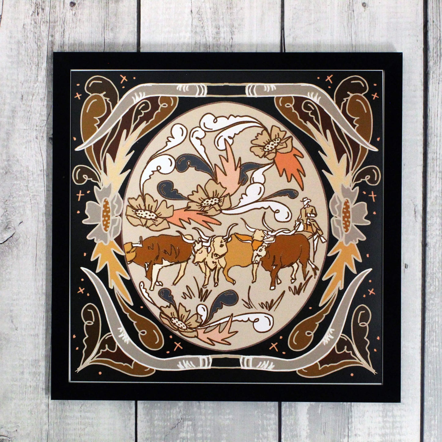 Decorative print with floral and animal designs on a wooden surface