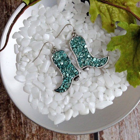 Chipped Turquoise Glass Western Cowgirl Boot Earrings