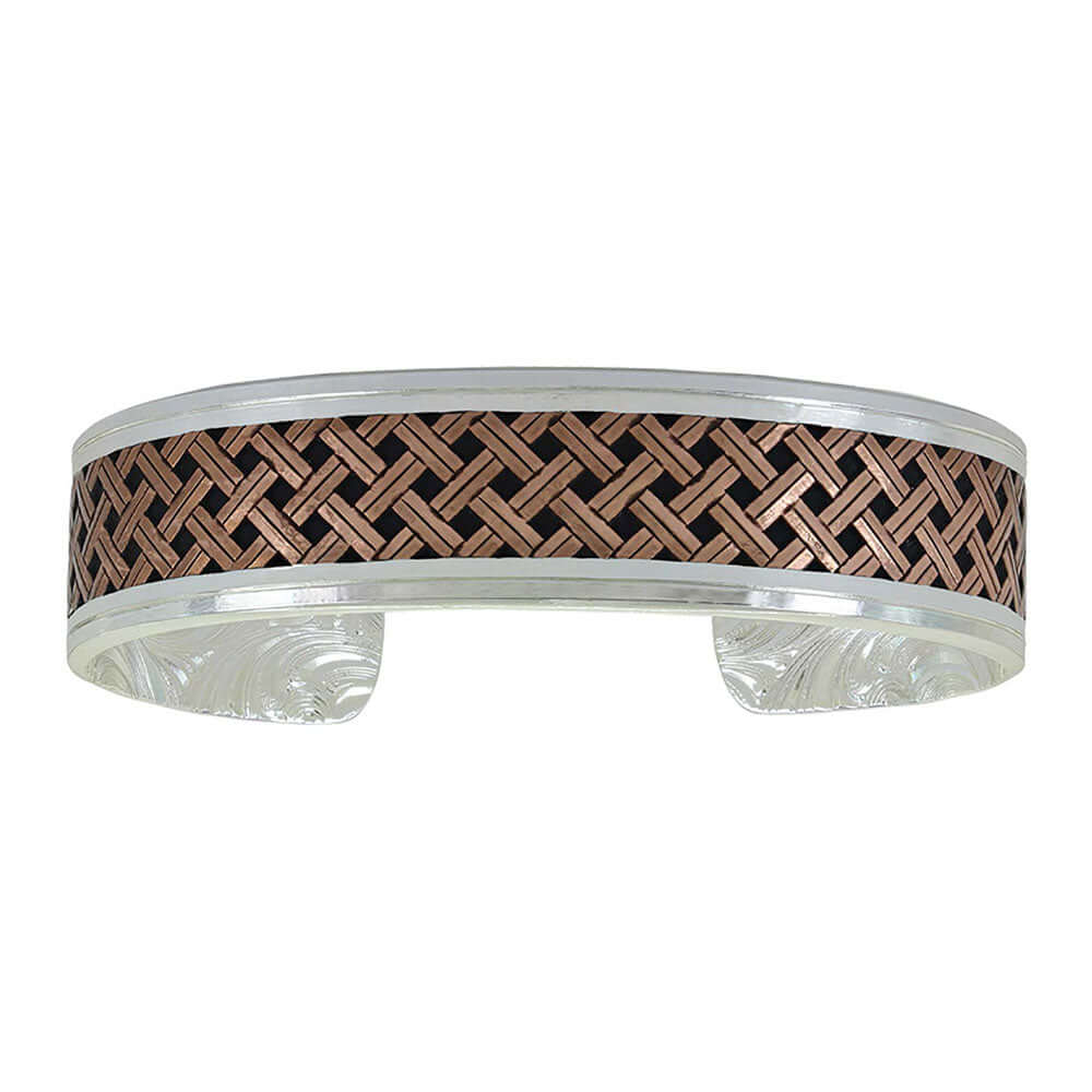 Classic Copper Weave Crossing Cuff Bracelet showcasing a woven copper design on a sleek metal cuff.