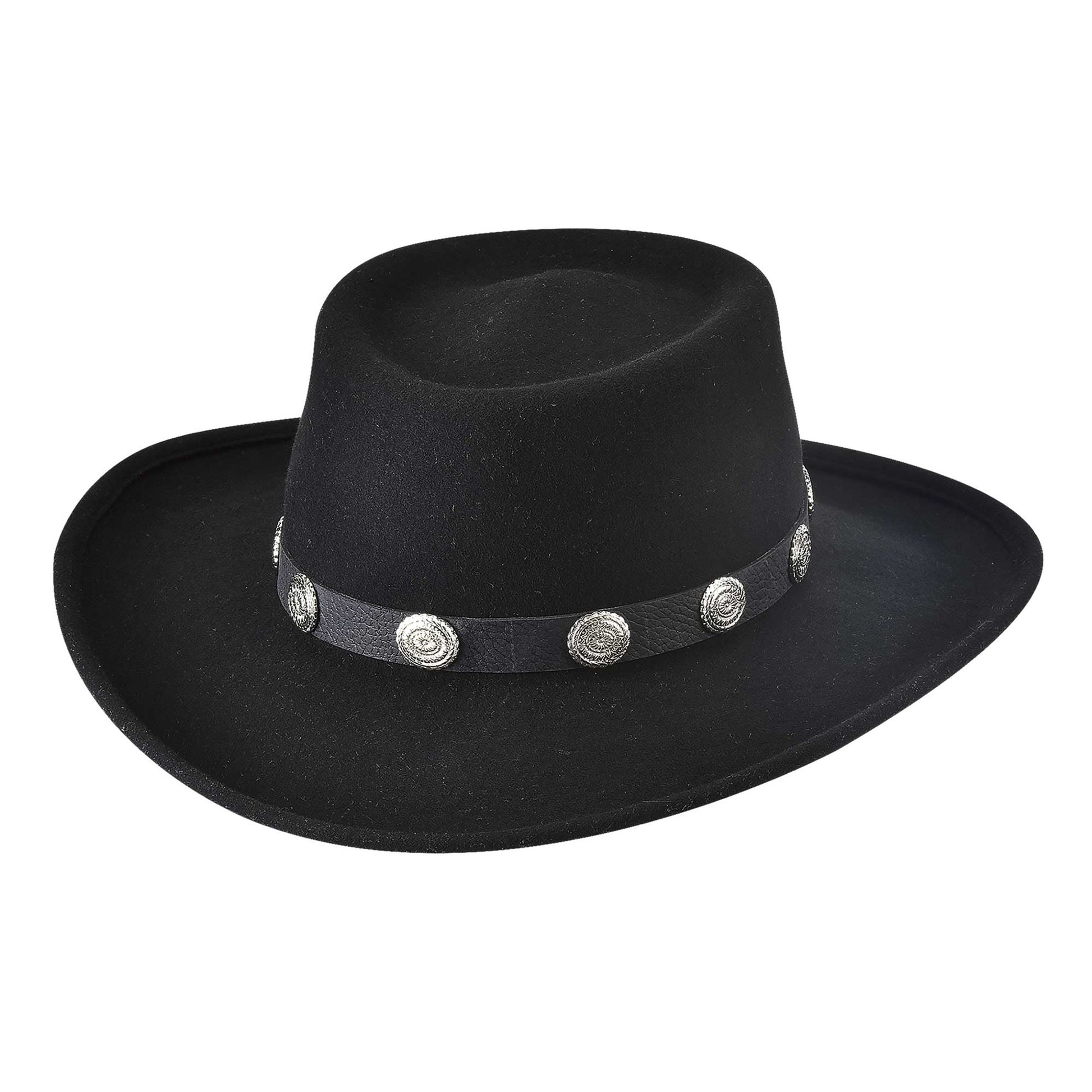 Ride into town with the Close Friend hat, a fun hat that looks great dressed up or down.  The leather hatband is embellished with silver-toned Conchos that stand out.  It is a somewhat crushable hat in premium wool material, with a metal wire around the brim for re-shaping.  3 1/2" brim, and a gambler crown. Made in Columbia