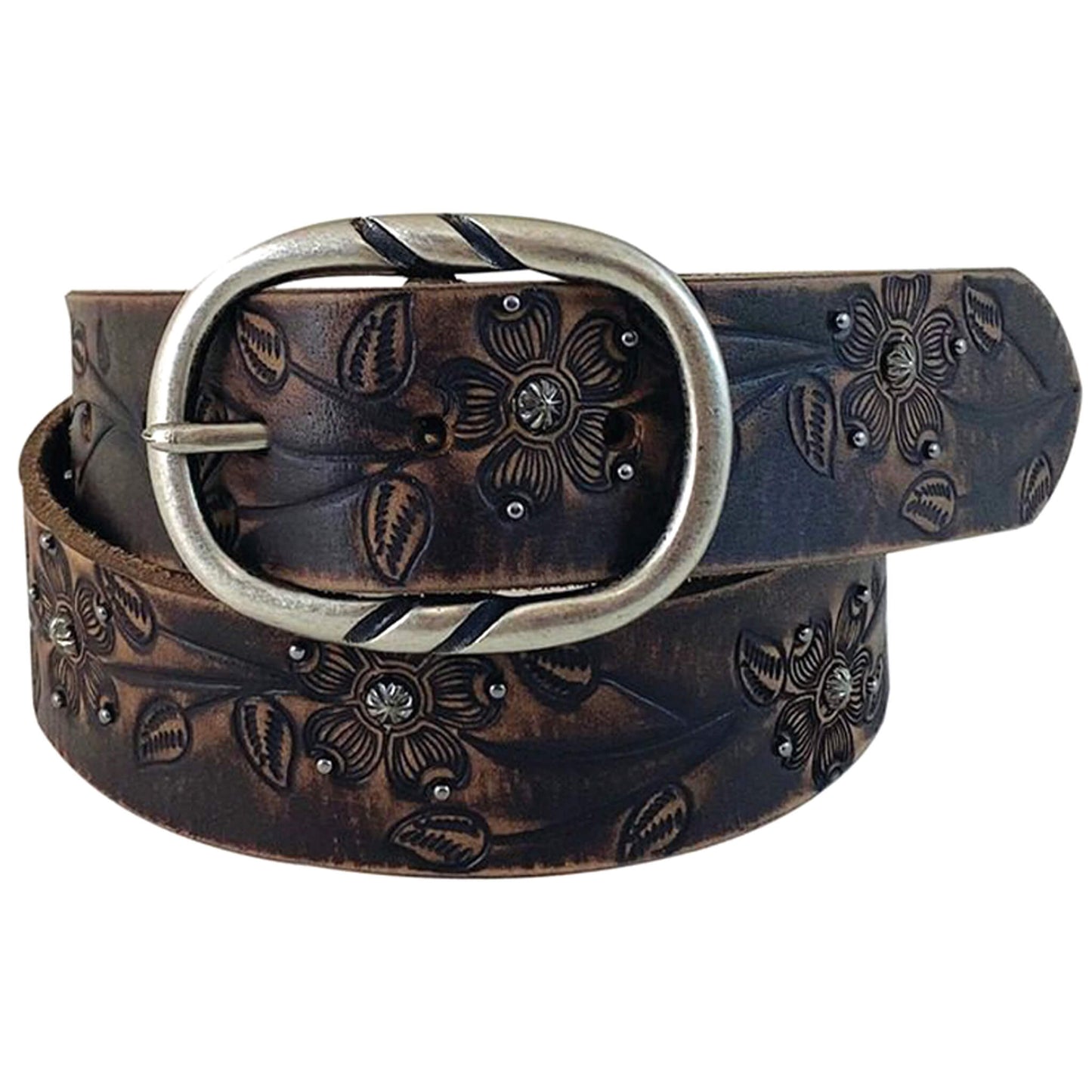 Genuine Leather belt with cut non-stitched edges, floral hand tooling with sanded effect, flowers with antique finish rivet center and petals edged with smaller rivets, and removable buckle in silver finish with cutout designs. 1-1/2" wide with removable buckle. Imported.