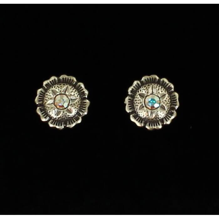 Concho stud earring <span data-mce-fragment="1">features silver flowers accented with a center clear rhinestone. Cute Cowgirl western earrings, make a great gift! Measure 1/2" wide</span>