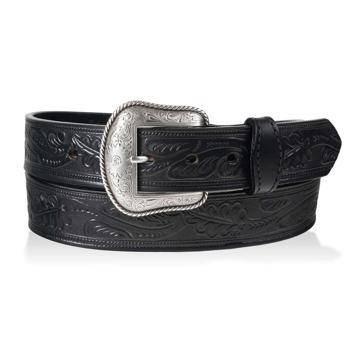 Concho Oak Leaf Western Cowboy Belt USA with embossed design and silver buckle in classic black leather