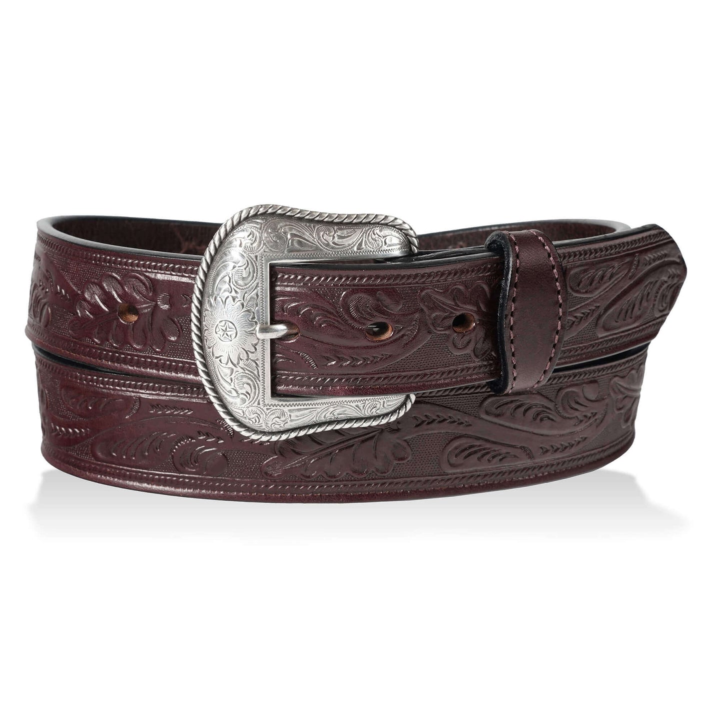 Concho Oak Leaf Western Cowboy Belt USA in rich brown leather with an ornate silver buckle, showcasing intricate embossed design.
