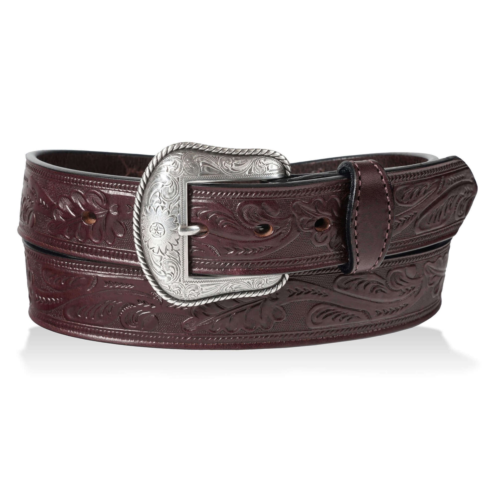 Concho Oak Leaf Western Cowboy Belt USA in rich brown leather with an ornate silver buckle, showcasing intricate embossed design.