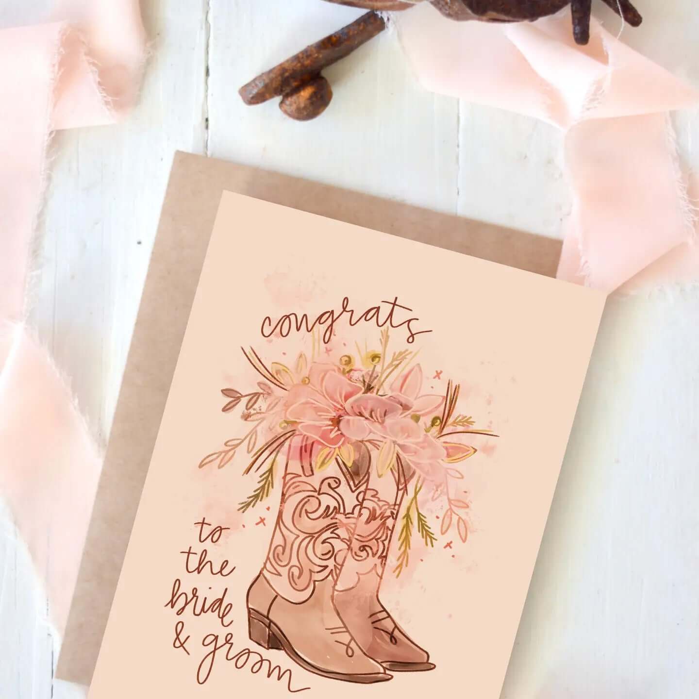 Cowgirl & Cowboy Western Greeting Cards Blank featuring floral cowgirl boots with a 'Congrats to the bride & groom' message.