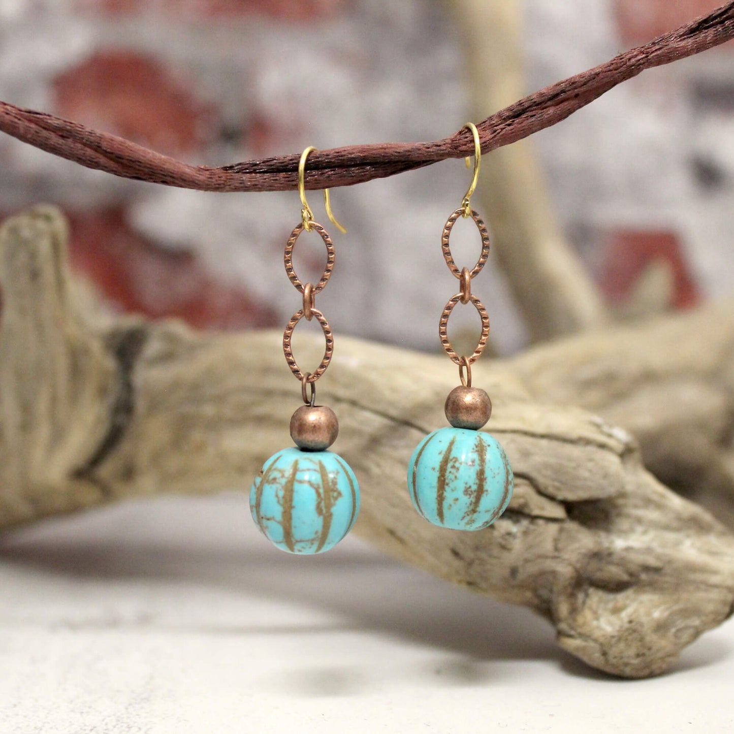 Copper Chain Turquoise Dangle Earrings