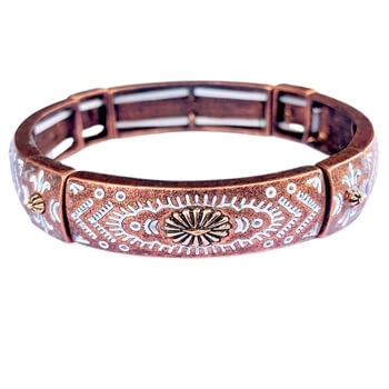 Add a charming touch to any look with the Copper with Design Stretch Bracelet. This beautiful bracelet features gleaming copper links with an elegant white scroll design that instantly catches the eye. Imported