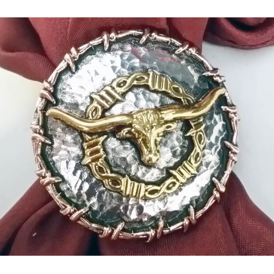 This slide will go great with any color wild rag. A great gift idea for the hard to shop for. It has just enough design elements in it to be a stylish accent to the cowboy's favorite accessory. Three tones of metal with a copper border barbwire and a brass longhorn in the center on a silver plated slide. Measures about 1-1/2"