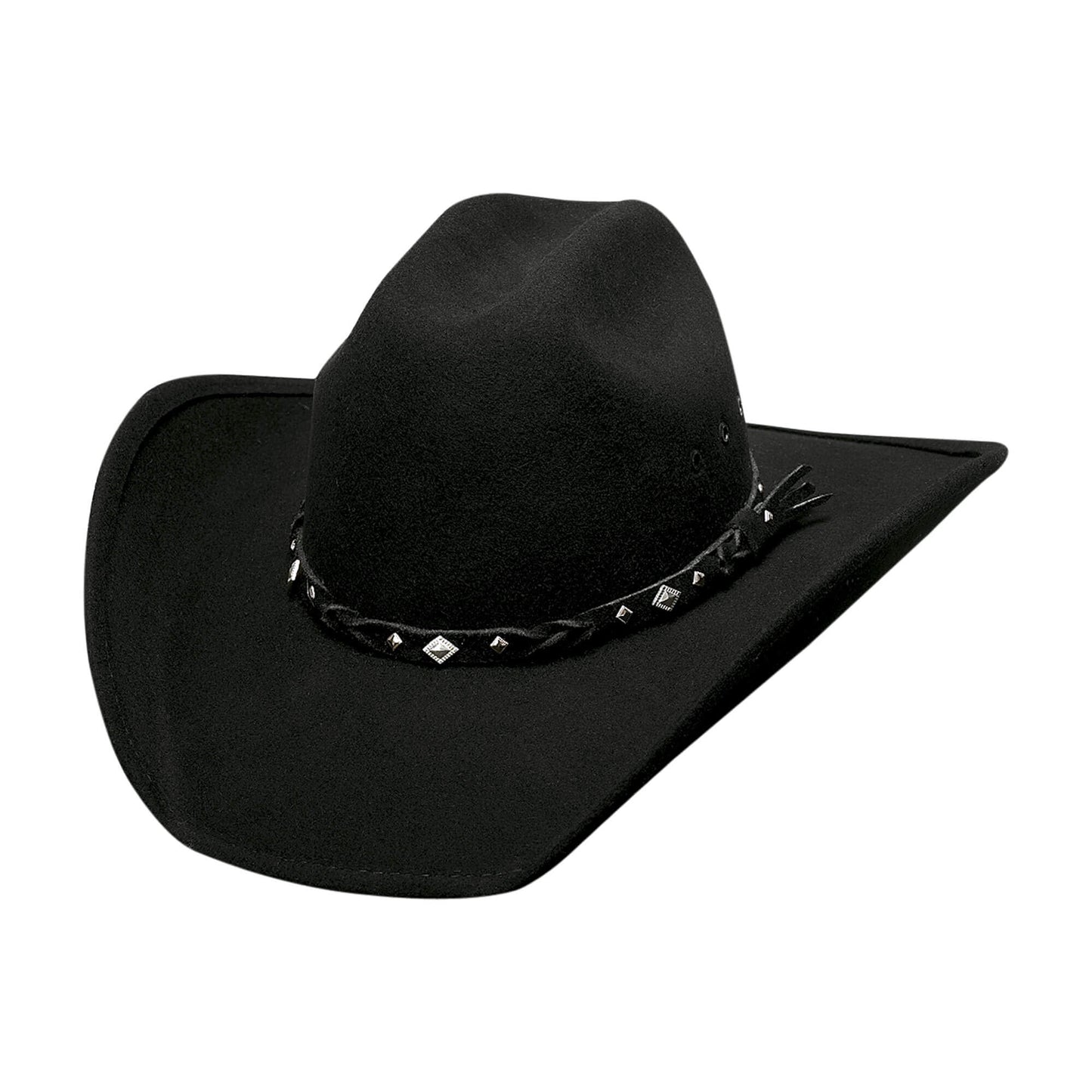 A country boy for life, you know a good cowboy hat when you see one. A structured wool cowboy hat decorated by a muted leather band with diamond shaped studs all around. The sweatband is a padded comfort design. This is a straight up classic black wool felt hat that will look great with a lot of different looks and outfits. The hat features a cattleman crown with a 4" brim. If you're looking for a classic cowboy hat without all the frill and fanfare, then the Country Heritage is for you!