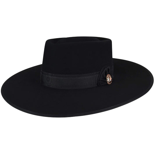 The Cowpuncher is a show-stopper style. Dress it up or dress it down, the Cowpuncher is a must have. This buckaroo style hat features a grosgrain band and brim binding, accented with antique copper large star concho, and a small silver spur pin. It is fully lined and has a comfort sweatband to wick away moisture.