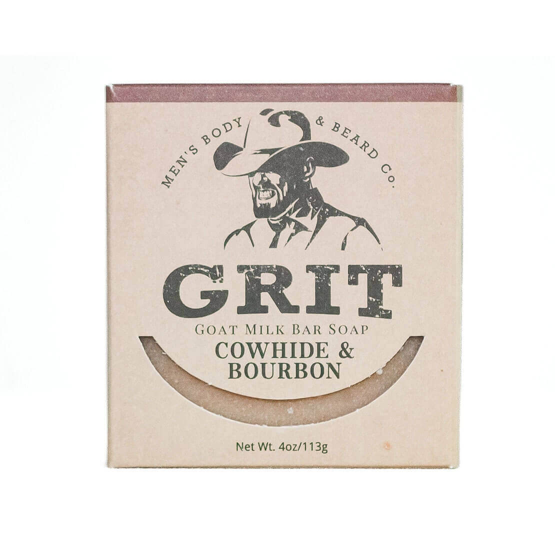 Soap bar packaging with 'Grit' branding and cowboy illustration on a beige background