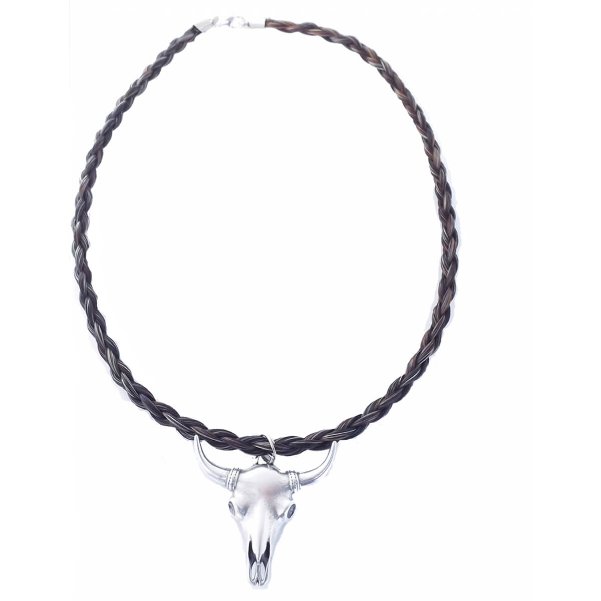 Horse hair with a modern twist! This neckwear features a metal skull pendant, solid black tone spiral braid of horse hair-finished with metal end caps and a lobster claw closure. 18 inches long. 