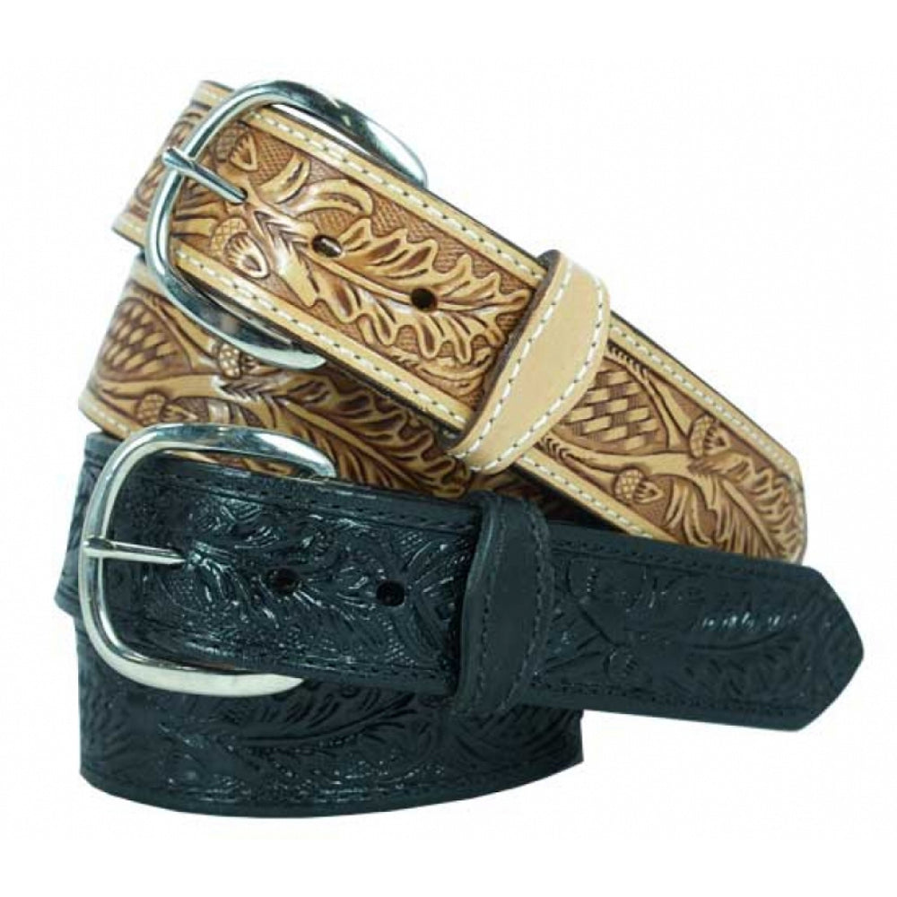 1 1/2" Oak Leaf stamped edge stitched cowboy belt. Available in Black, and Natural Antiqued. Available in sizes 30” to 46”. Belts all come with a 10 year guarantee. These mens leather belts are made in the USA from leather that is tanned by Wicket and Craig Tannery in the USA. The leather is Saddle Skirting Leather, the same leather that custom saddles are made from. Quality leather and quality made equals great hand made belts.