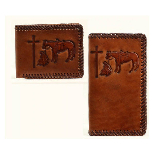 These wallets are both simple and practical in design as well as durable. They have a cowboy prayer embossed motif in the center of the wallet and leather lacing around the edges. Inside features multiple compartments for your credit cards, cash, and an ID window.