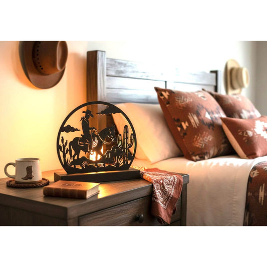 Decorative metal piece on a nightstand with a cozy bedroom setting.